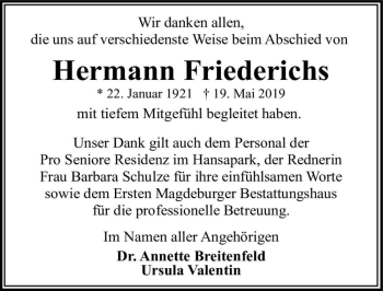 Traueranzeige von Hermann Friederichs  von Magdeburger Volksstimme