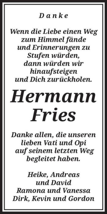 Traueranzeige von Hermann Fries  von Magdeburger Volksstimme