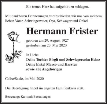 Traueranzeige von Hermann Frister  von Magdeburger Volksstimme