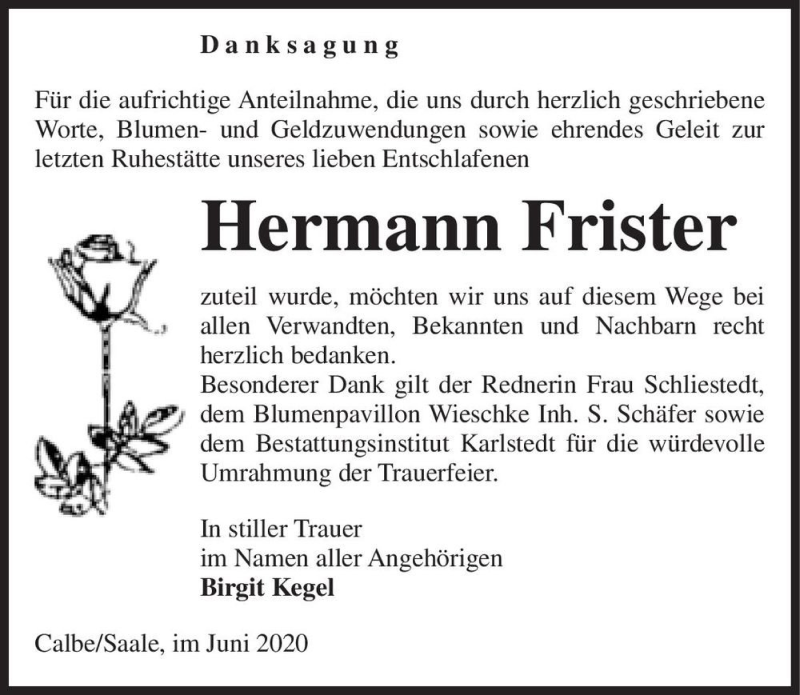  Traueranzeige für Hermann Frister  vom 13.06.2020 aus Magdeburger Volksstimme