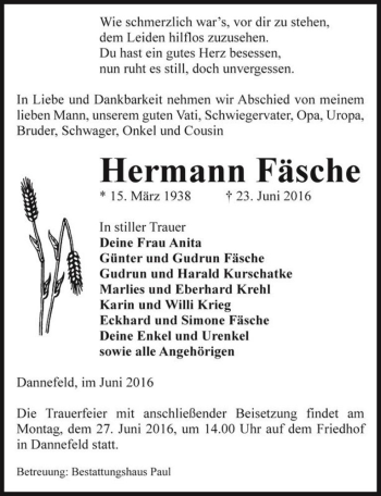 Traueranzeige von Hermann Fäsche  von Magdeburger Volksstimme