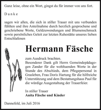 Traueranzeige von Hermann Fäsche  von Magdeburger Volksstimme