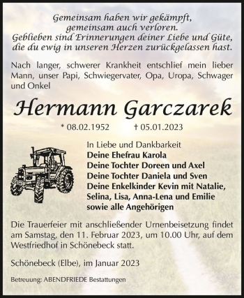 Traueranzeige von Hermann Garczarek  von Magdeburger Volksstimme