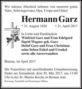 Traueranzeige von Hermann Garz  von Magdeburger Volksstimme