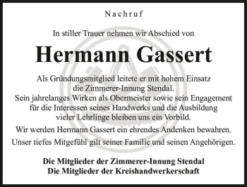 Traueranzeige von Hermann Gassert  von Magdeburger Volksstimme