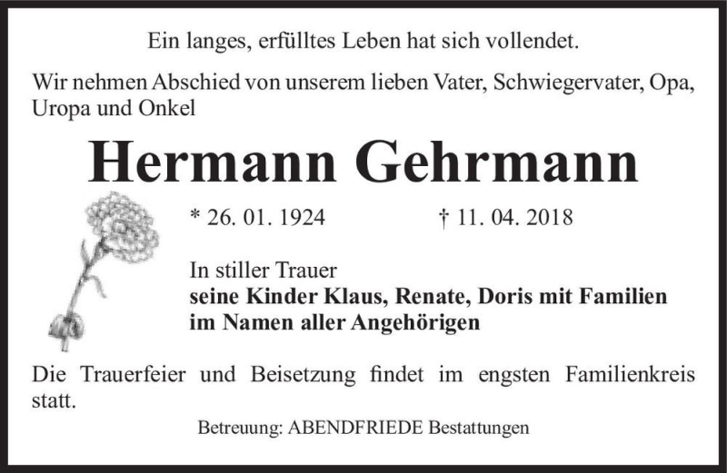  Traueranzeige für Hermann Gehrmann  vom 21.04.2018 aus Magdeburger Volksstimme