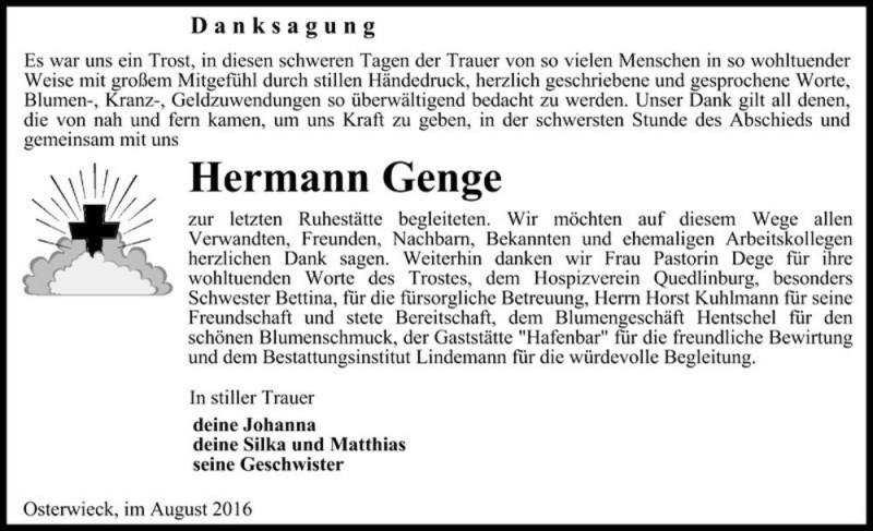  Traueranzeige für Hermann Genge  vom 27.08.2016 aus Magdeburger Volksstimme