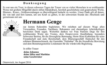 Traueranzeige von Hermann Genge  von Magdeburger Volksstimme