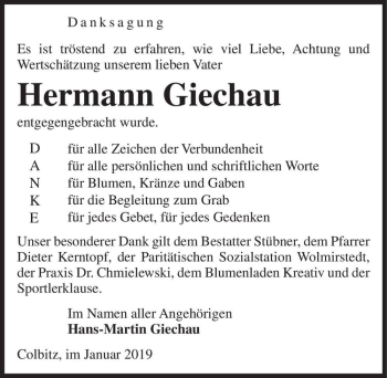 Traueranzeige von Hermann Giechau  von Magdeburger Volksstimme