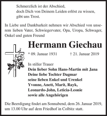 Traueranzeige von Hermann Giechau  von Magdeburger Volksstimme