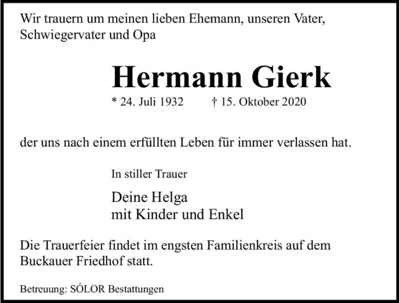  Traueranzeige für Hermann Gierk  vom 24.10.2020 aus Magdeburger Volksstimme