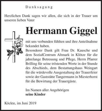 Traueranzeige von Hermann Giggel  von Magdeburger Volksstimme
