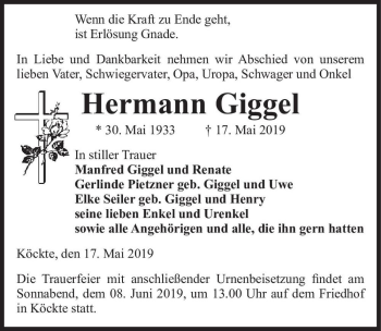 Traueranzeige von Hermann Giggel  von Magdeburger Volksstimme