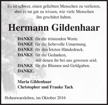 Traueranzeige von Hermann Gildenhaar  von Magdeburger Volksstimme