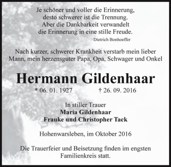 Traueranzeige von Hermann Gildenhaar  von Magdeburger Volksstimme