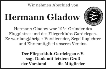 Traueranzeige von Hermann Gladow  von Magdeburger Volksstimme