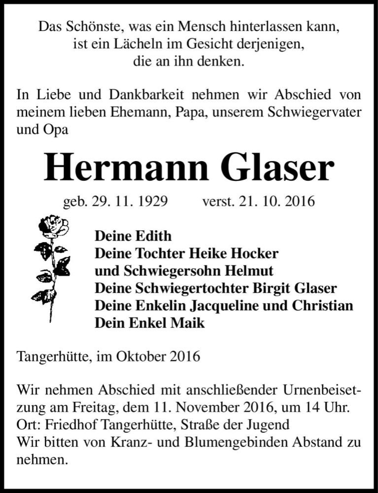  Traueranzeige für Hermann Glaser  vom 05.11.2016 aus Magdeburger Volksstimme
