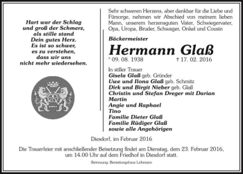Traueranzeige von Hermann Glaß  von Magdeburger Volksstimme