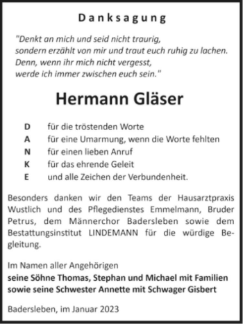 Traueranzeige von Hermann Gläser  von Magdeburger Volksstimme