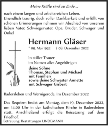 Traueranzeige von Hermann Gläser  von Magdeburger Volksstimme