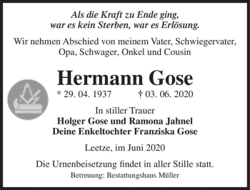 Traueranzeige von Hermann Gose  von Magdeburger Volksstimme