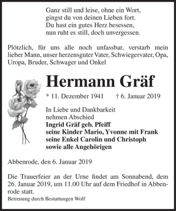 Traueranzeige von Hermann Gräf  von Magdeburger Volksstimme