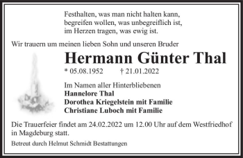 Traueranzeige von Hermann Günter Thal  von Magdeburger Volksstimme
