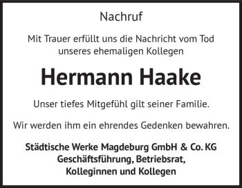 Traueranzeige von Hermann Haake  von Magdeburger Volksstimme