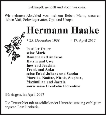 Traueranzeige von Hermann Haake  von Magdeburger Volksstimme
