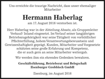 Traueranzeige von Hermann Haberlag  von Magdeburger Volksstimme