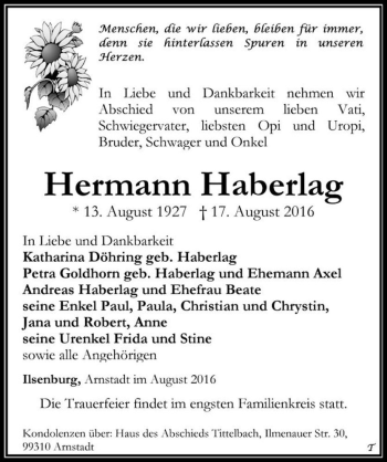 Traueranzeige von Hermann Haberlag  von Magdeburger Volksstimme