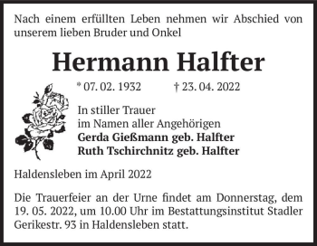 Traueranzeige von Hermann Halfter  von Magdeburger Volksstimme