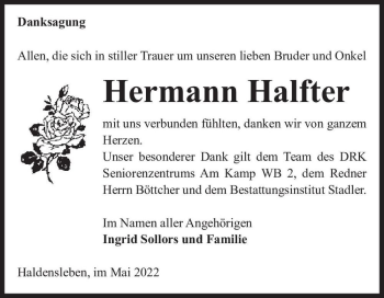 Traueranzeige von Hermann Halfter  von Magdeburger Volksstimme