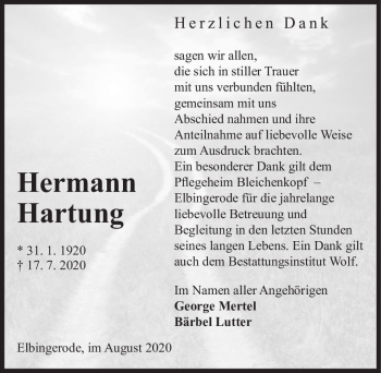Traueranzeige von Hermann Hartung  von Magdeburger Volksstimme