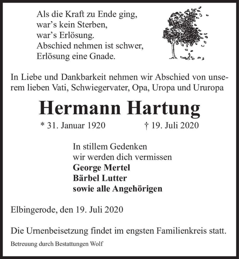  Traueranzeige für Hermann Hartung  vom 25.07.2020 aus Magdeburger Volksstimme