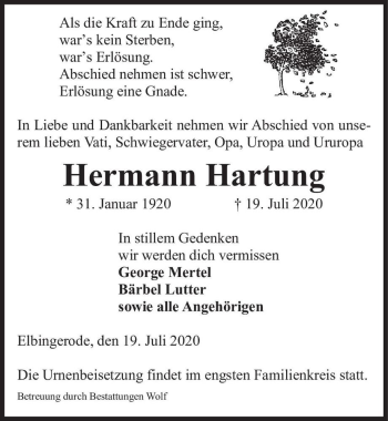 Traueranzeige von Hermann Hartung  von Magdeburger Volksstimme