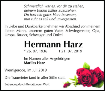 Traueranzeige von Hermann Harz  von Magdeburger Volksstimme