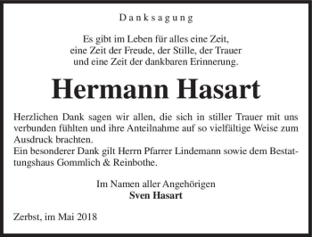 Traueranzeige von Hermann Hasart  von Magdeburger Volksstimme