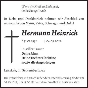 Traueranzeige von Hermann Heinrich  von Magdeburger Volksstimme