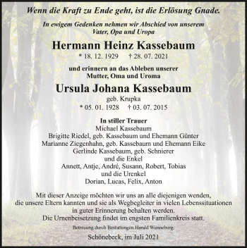 Traueranzeige von Hermann Heinz Kassebaum und Ursula Johanna Kassebaum (geb. Krupka)  von Magdeburger Volksstimme