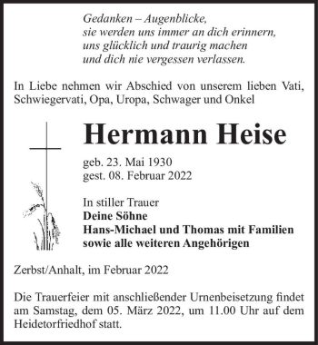 Traueranzeige von Hermann Heise  von Magdeburger Volksstimme