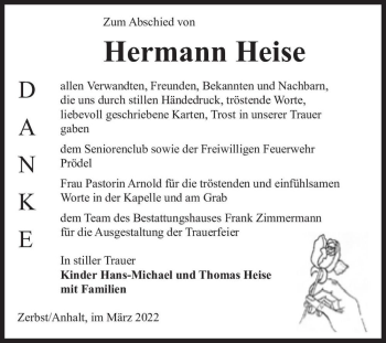 Traueranzeige von Hermann Heise  von Magdeburger Volksstimme