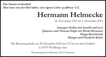 Traueranzeige von Hermann Helmecke  von Magdeburger Volksstimme
