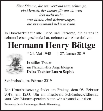 Traueranzeige von Hermann Henry Böttge  von Magdeburger Volksstimme