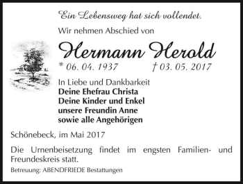 Traueranzeige von Hermann Herold  von Magdeburger Volksstimme