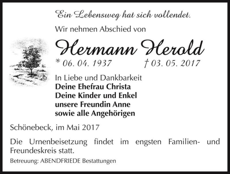  Traueranzeige für Hermann Herold  vom 13.05.2017 aus Magdeburger Volksstimme