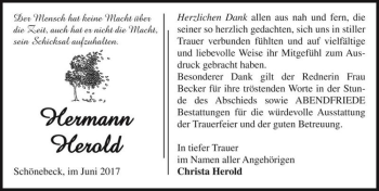 Traueranzeige von Hermann Herold  von Magdeburger Volksstimme