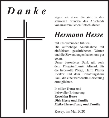 Traueranzeige von Hermann Hesse  von Magdeburger Volksstimme
