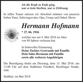 Traueranzeige von Hermann Hofmann  von Magdeburger Volksstimme