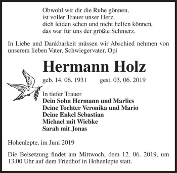 Traueranzeige von Hermann Holz  von Magdeburger Volksstimme